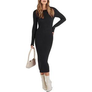 Fall Long Sleeve Sweater Dress Crewneck Slim Fit Ribbed Knit Bodycon Midi Dress